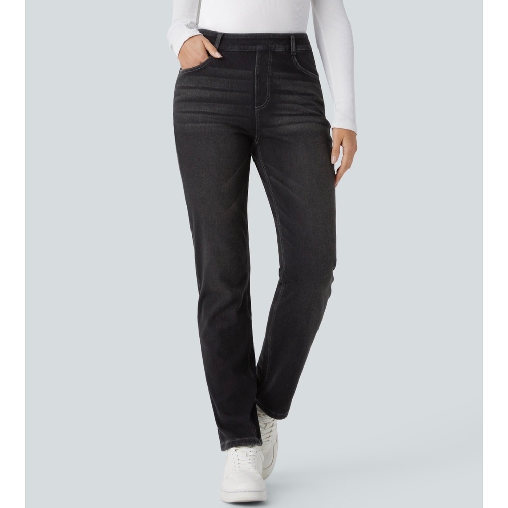 Halara Petite High Waisted Straight Leg Washed Casual Black Jeans Pockets